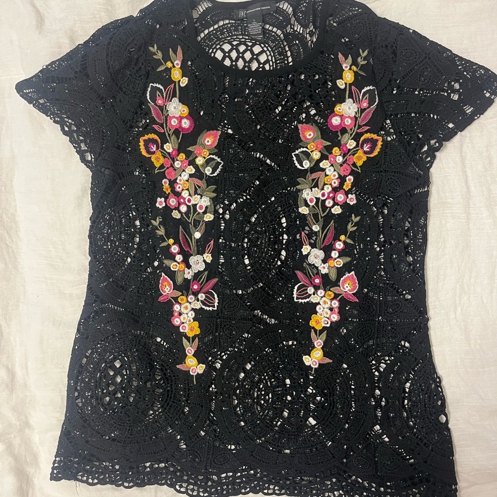 Floral Embroidered Black Lace Top